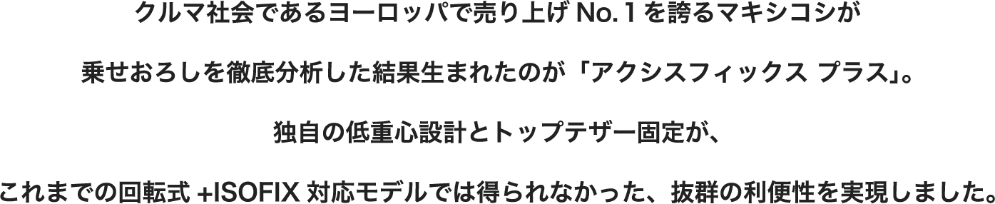 クルマ社会であるヨーロッパで売り上げNo.１を誇るマキシコシが乗せおろしを徹底分析した結果生まれたのが「アクシスフィックス プラス」。独自の低重心設計とトップテザー固定が、これまでの回転式+ISOFIX対応モデルでは得られなかった、抜群の利便性を実現しました。